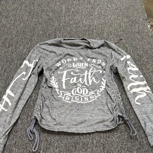 On Fire Gray Long Sleeve Graphic Top with White Script